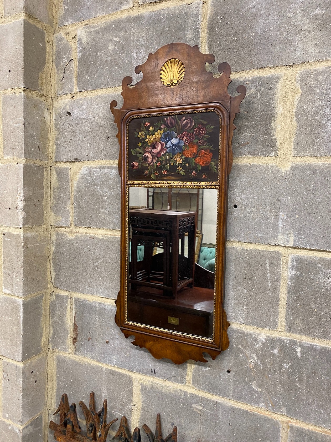 Two 18th century style painted walnut fret cut wall mirrors, larger width 35cm, height 110cm